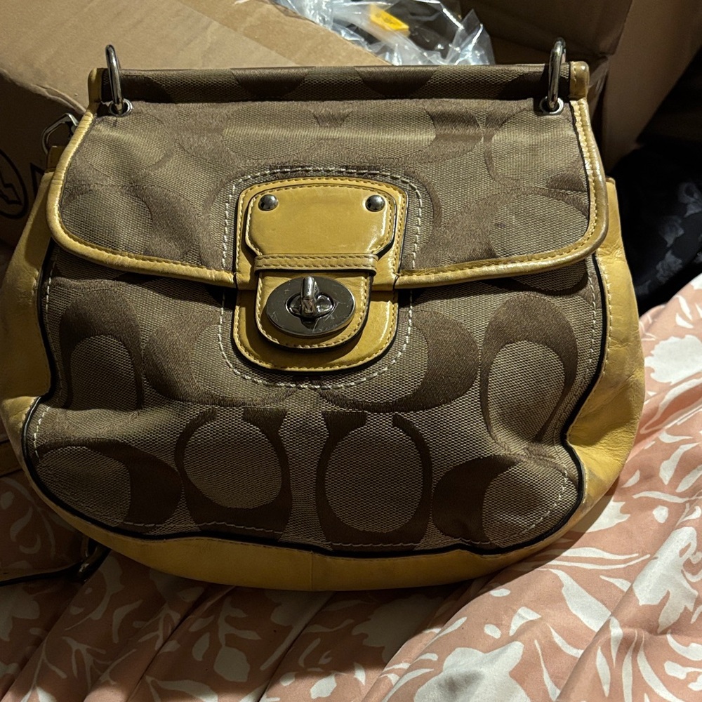 Coach Tan and Yellow Signature Shoulder Bag